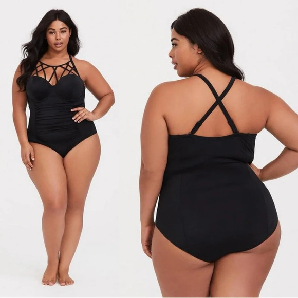 Torrid Underwire Cage Front One Piece Swimsuit in Deep Black Size 5X - Picture 1 of 15